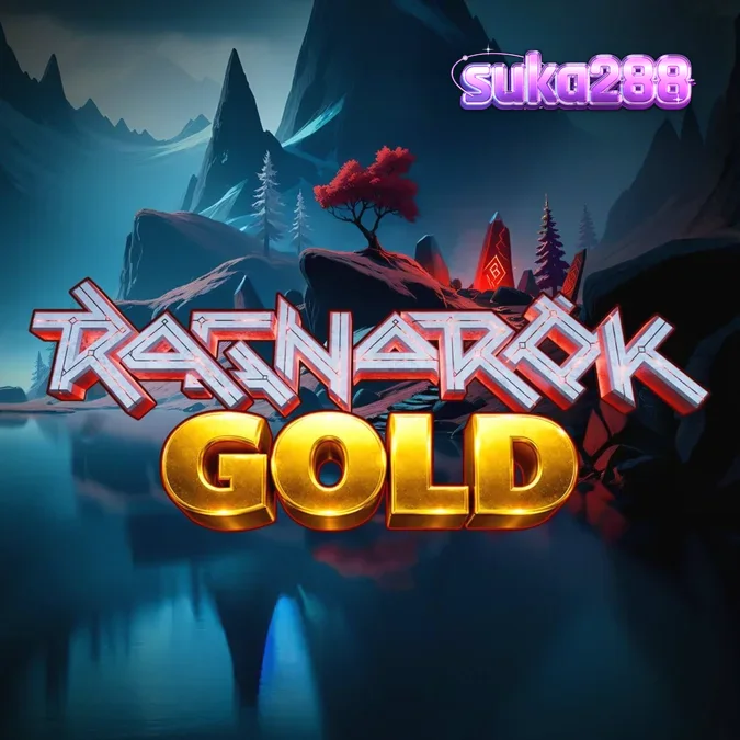 Tampilan layar permainan slot Ragnarok Gold dengan tema Mitologi Nordik dan simbol-simbol kuno di tengah lanskap vulkanik yang membara.